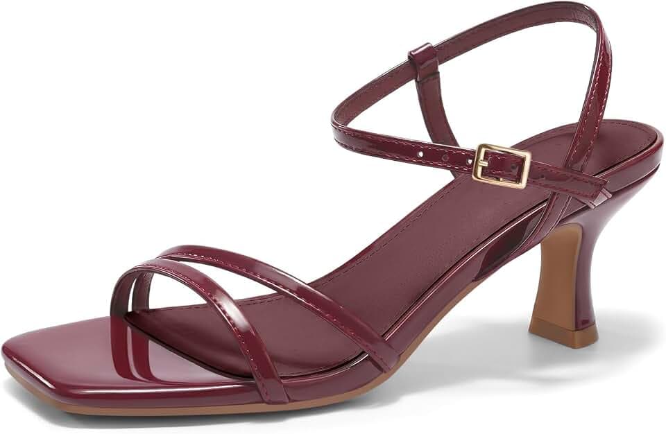 Coutgo Womens Strappy Low Kitten Heels Square Open Toe Sandals Ankle Strap Comfortable Summer Dressy Shoes