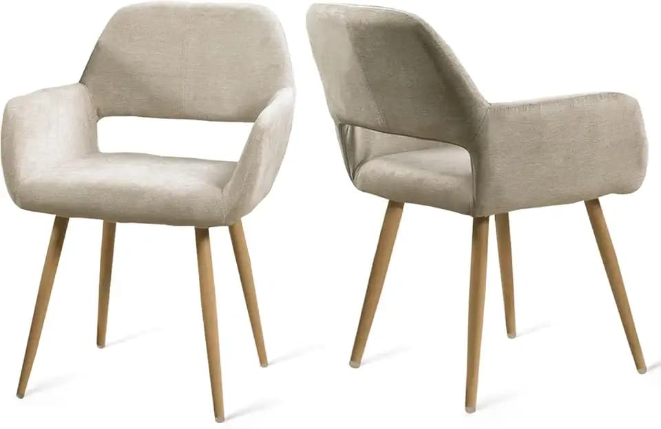 MEUBLE COSY Esszimmerstuhl 2er Stück Küchenstuhl Polsterstuhl Wohnzimmerstuhl Sessel mit Armlehne, Sitzfläche aus Stoff, Metallbeine, Beige, 56x56x78cm