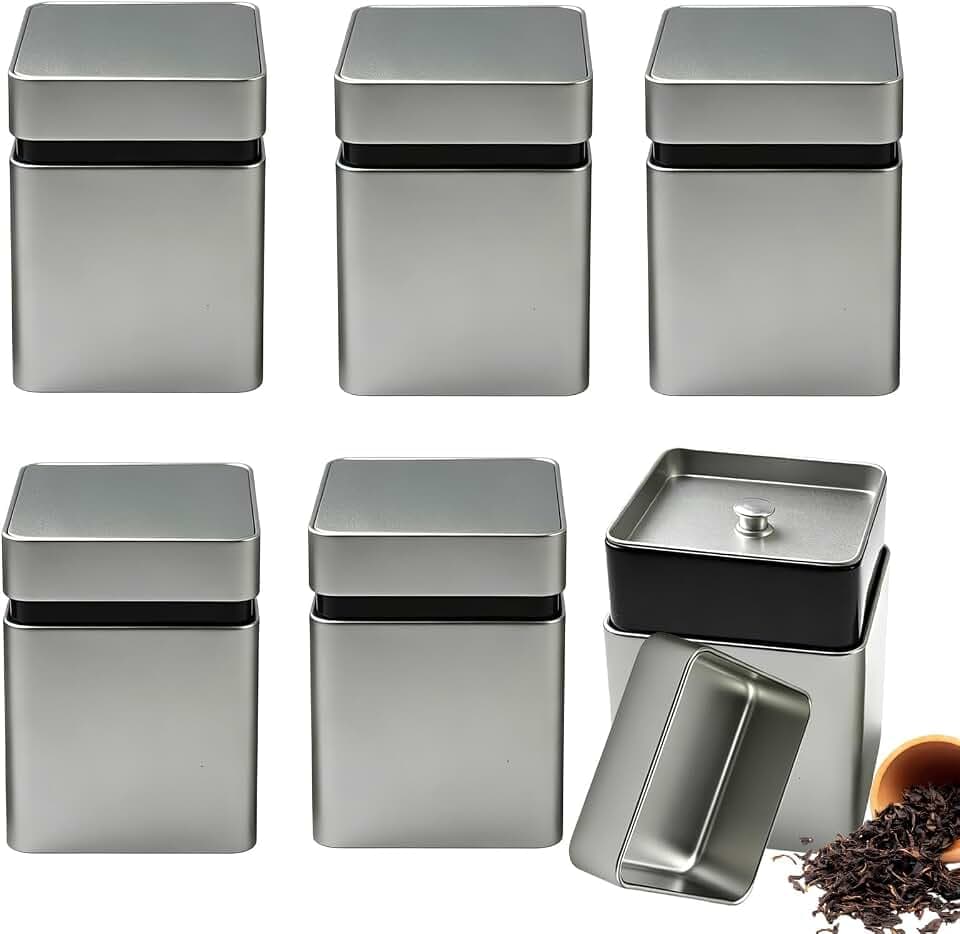 6 Stück Klassische Vierkante Theedoos: 103×98×98mm Hochwertiges Aromadicht Metall Teedose, Tee Aufbewahrung mit Deckel, Silber Stapelbar Voorraaddoos Klein Eckig, für Küche und Haushalt