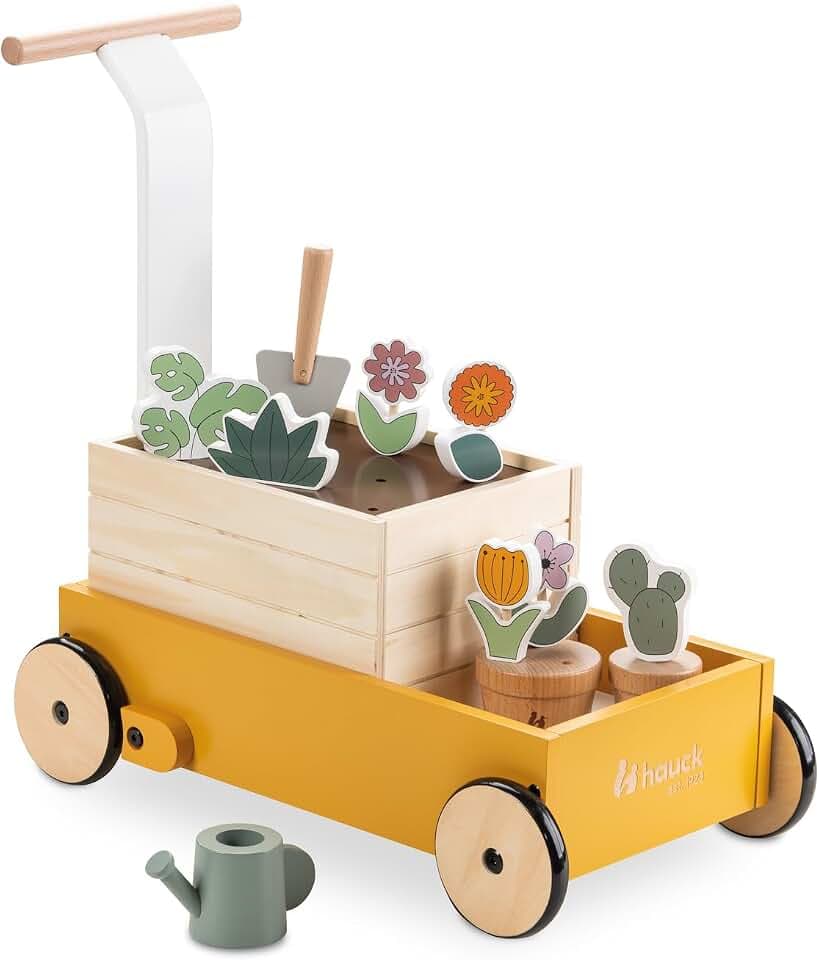 hauck Learn to Walk Plants – Lauflernwagen aus Holz für Babys ab 12 Monaten mit Gärtner-Zubehör, Bremssystem, Pflanzbox & Stauraum, FSC® Zertifiziert, Laufhilfe & Rollenspiel für Haus und Garten