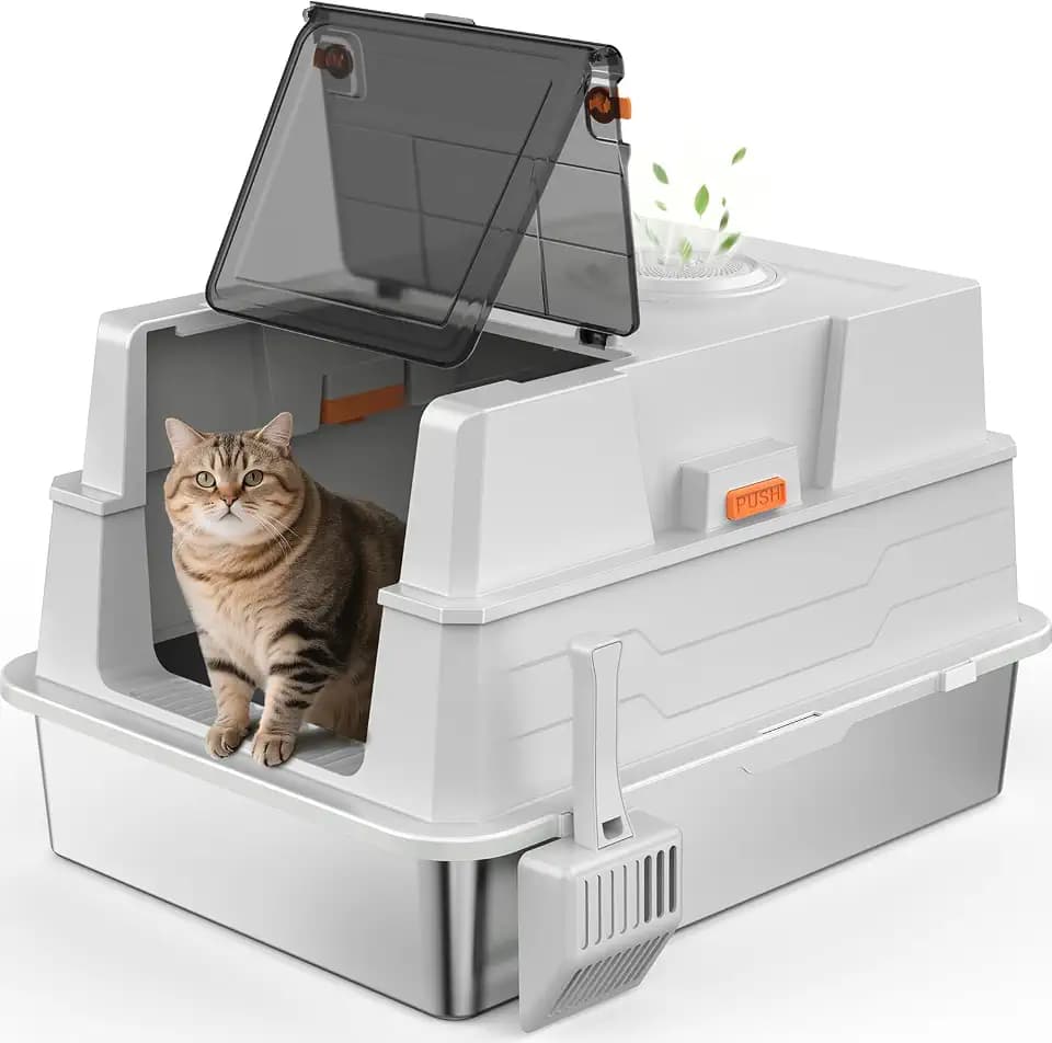 MIXJOY Katzenklo Edelstahl mit Deckel, Katzenklo Groß 71x51x42cm für Großkatzen und Mehrkathenhaushalte, Geschlossene, Halboffene und offene Modi, Großformatige Hochrand-Ausführung, Spritzsicher