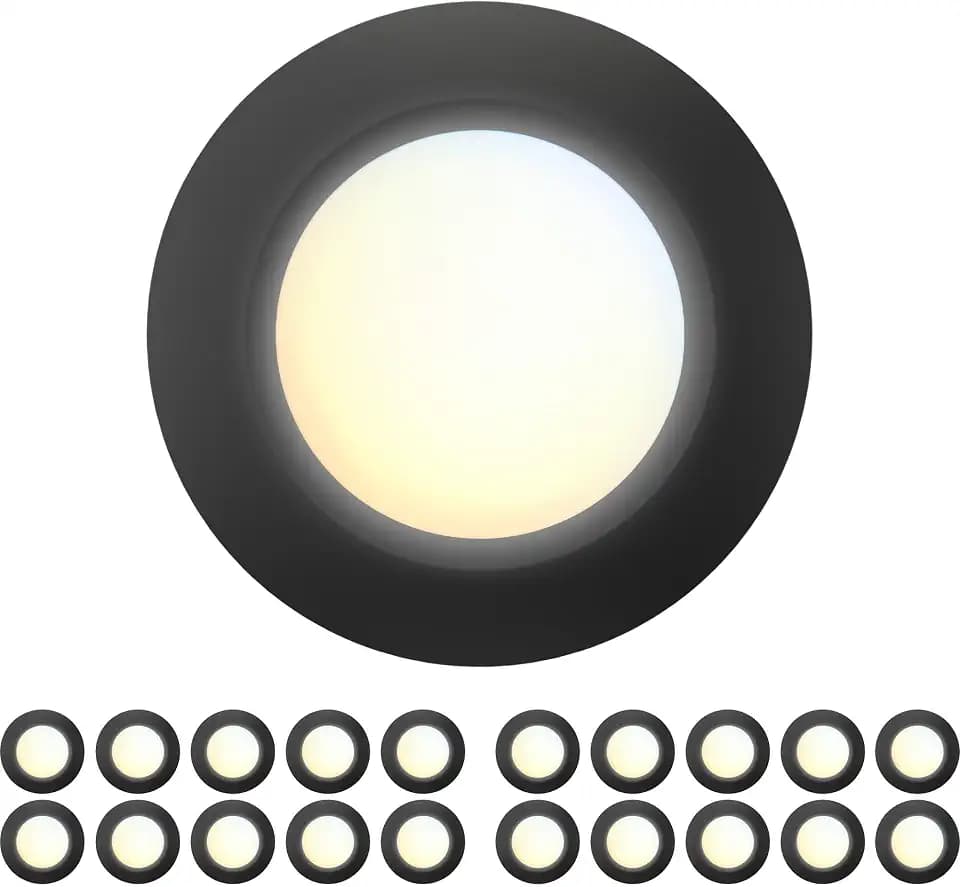 20 Packs 6 Inch Black 5CCT Field Selectable LED Low Profile Recessed & Surface Mount Disk Light, Round, 15W, 920 Lumens, CRI80, 27K-30K-35K-40K-50K, Driverless, Dimmable, ETL & Wet Listed