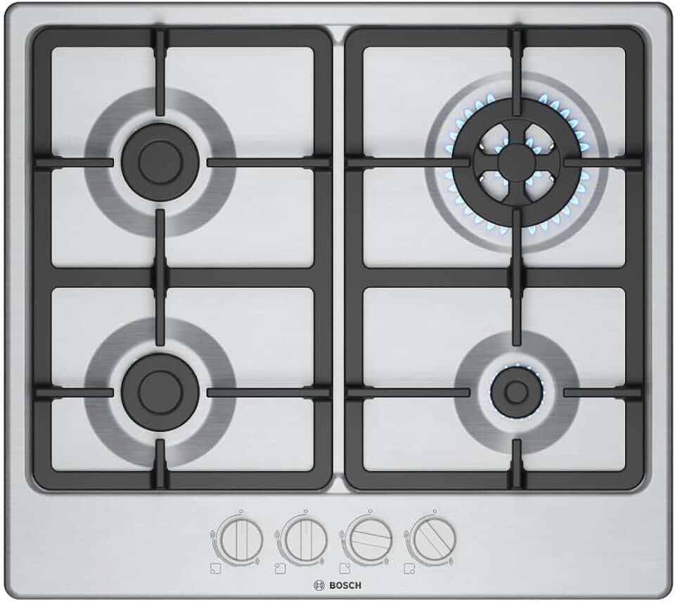 Bosch PGH6B5K90 Serie 4 Gaskochfeld 60 cm 4 Brenner Edelstahl | Gaskochfeld mit präziser Flammenkontrolle, spülmaschinenfeste Gusseisen-Grillroste Made in Europe