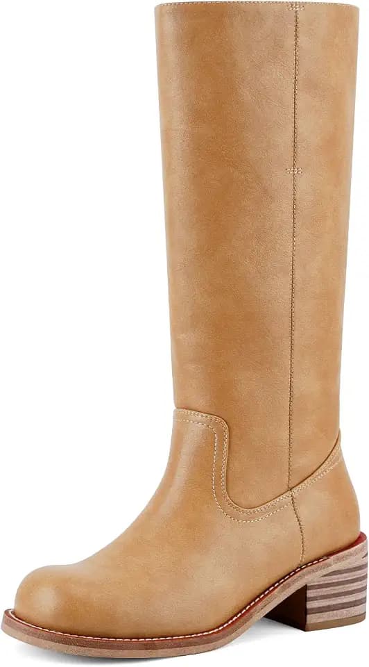 VBDB Women's Knee High Boots Square Toe Chunky Block Heel Long Boots for Women Comfortable Low Heel Womens Boots