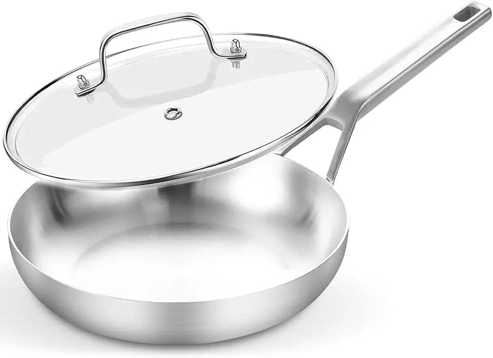 Yeksum Tri-Ply Fully Bonded Stainless Steel Frying Pan, 10",With Tempered Glass Lid, Chef's pan,Skillets,Induction Pan Dishwasher and Oven Safe