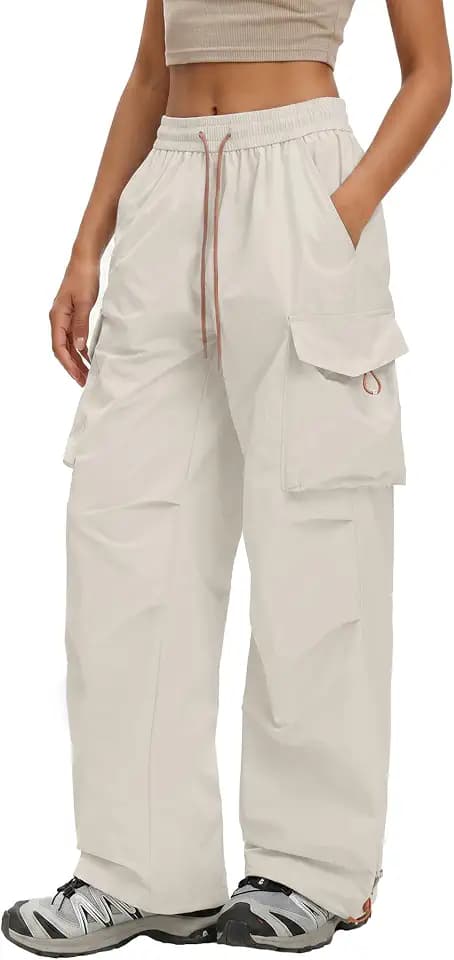 FEOYA Damen Wanderhose Wasserfest Schnelltrocknend Outdoorhose Weites Bein Cargohose Baggy Parachute Pants High Waist Trekkinghose
