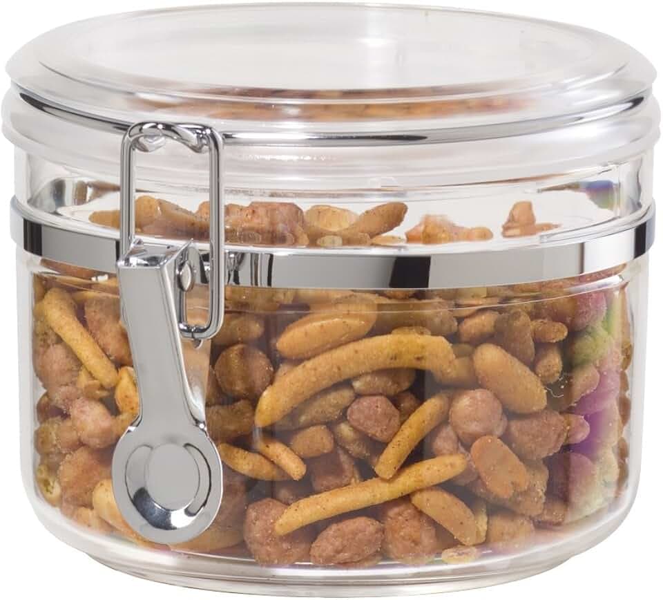 Oggi Clear Plastic Canister with Clamp Lid, 28 oz - Large Airtight Food Storage Container, for Kitchen & Pantry Storage of Bulk, Dry Foods Including Pasta, Flour, Sugar, Coffee, Rice, Tea, Spices