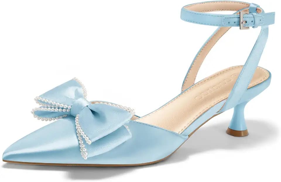 Coutgo Womens Satin Kitten Low Heels Bow Pearl Closed Pointed Toe Pumps Ankle Strap Wedding Dress Shoes