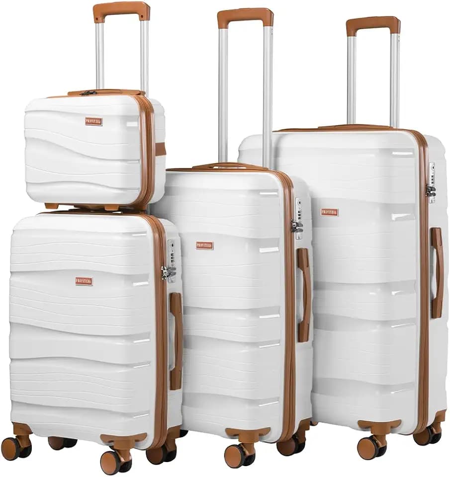 Set 3 + 1 Koffer mit Harter Beschichtung aus Polypropylen, sehr robust, Trolley und Beautycase mit Teleskopgriff und Zahlenschloss, Aerodynamisches Design, Weiß, Zeitgenössisch