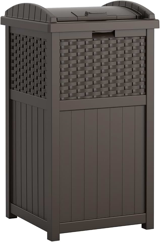 Suncast 33 Gallon Commercial Outdoor Trashcan Hideaway with Lid for 30 to 33 Gallon Trash Bags for Garage, Backyard, or Garden, Brown
