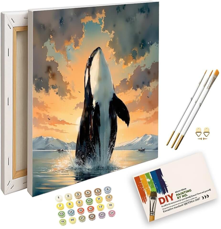 ENTORLAB Orca Whale Paint by Numbers Kit for Adults - DIY Jumping Killer Whale at Sunset Painting on Canvas 12X16IN Framed, Acrylic Paint Set, Suitable for Beginners, Art for Home Decoration or Gifts
