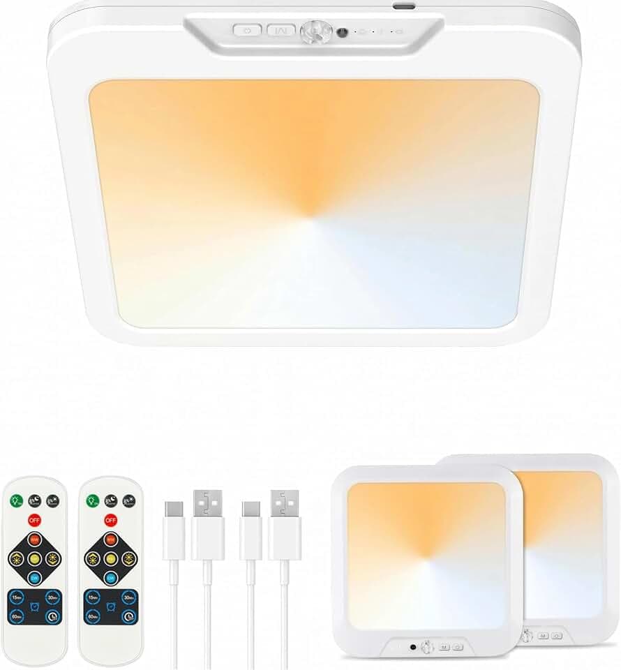 Rechargeable Ceiling Light with Motion Sensor & Remote, 3 Color Temperature (3000K/4500K/6500K), Timer & USB-C Battery Operated for Bathroom Shower Stairs Hallway Garage Pantry Porch (2 Pack)