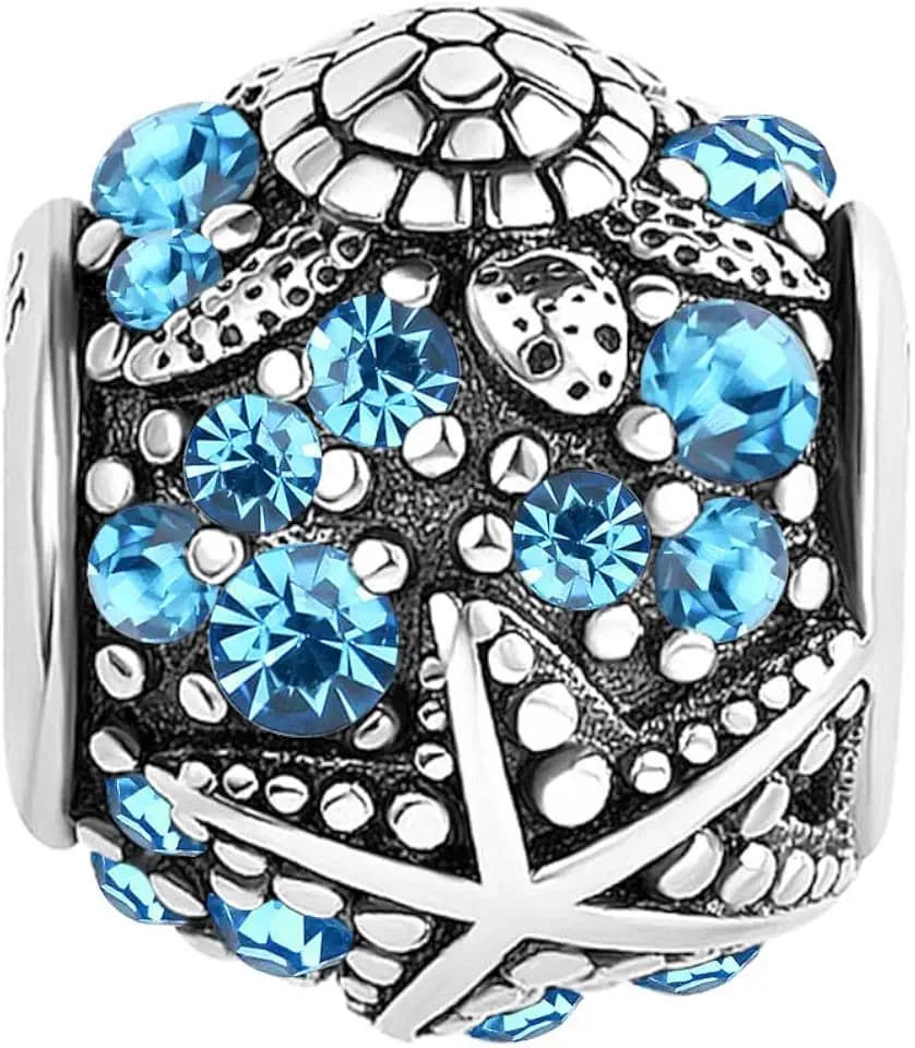 Ocean Sea Turtle Shell Starfish Charms for Bracelets Womens Blue Crystal Love Travel Holiday Charm Bead Compatible with Pandora Bracelets