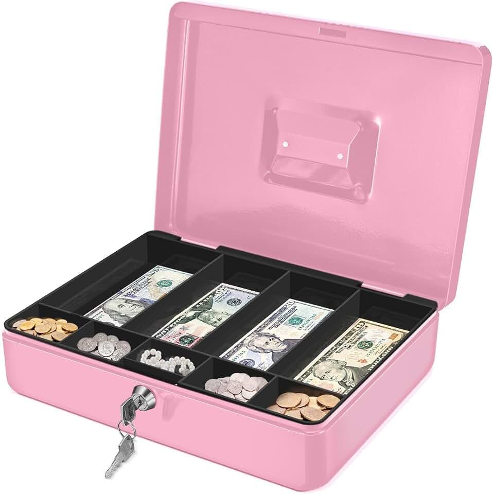 Flexzion Small Cash Box with Money Tray and Lock, 11.4-Inch, Pink