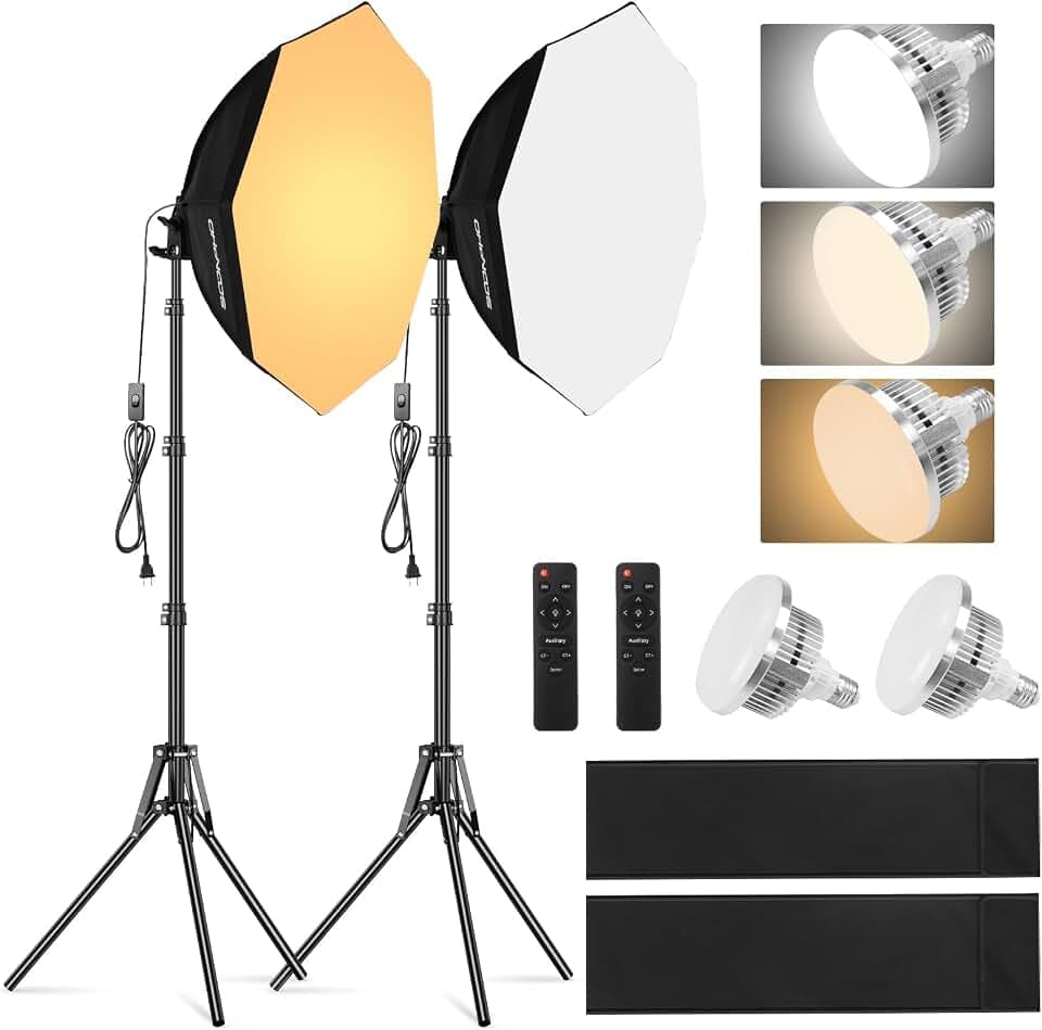 Soonpho Softbox Set Fotostudio, Octagon Softbox Fotolicht Set mit Lichtstative 22Inch/55cm, 3000-6000K Studioleuchten für Studio Videoaufnahmen Porträts, 2 x 85W Fotolicht mit Fernsteuerungio