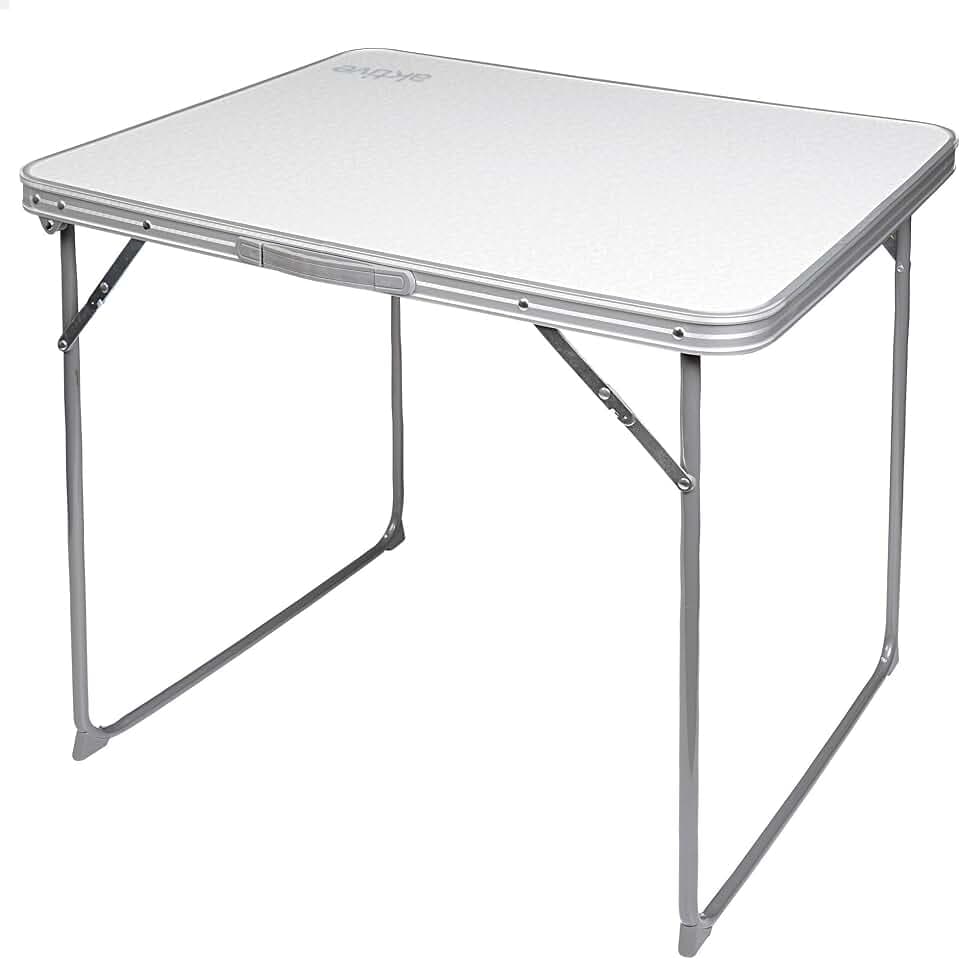 AKTIVE Klappbarer Campingtisch, Leichtgewichtstisch, klappbare Beine, 80x60x70 cm, MDF-Holz, Stahlrahmen, weiß, Tragegriff