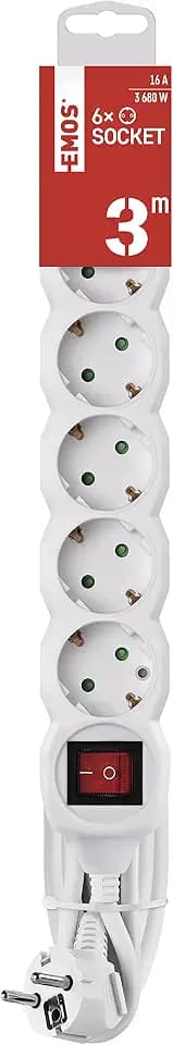 EMOS - 6-fach Steckdosenleiste 3m mit Schalter - 6 Schuko-Steckdosen 45° gedreht - 250 V, 16 A, 3680 W - PVC-Isolierung - H05VV-F3G 1,5 mm2 - erhöhter Berührungsschutz - IP20 für Innen - weiß