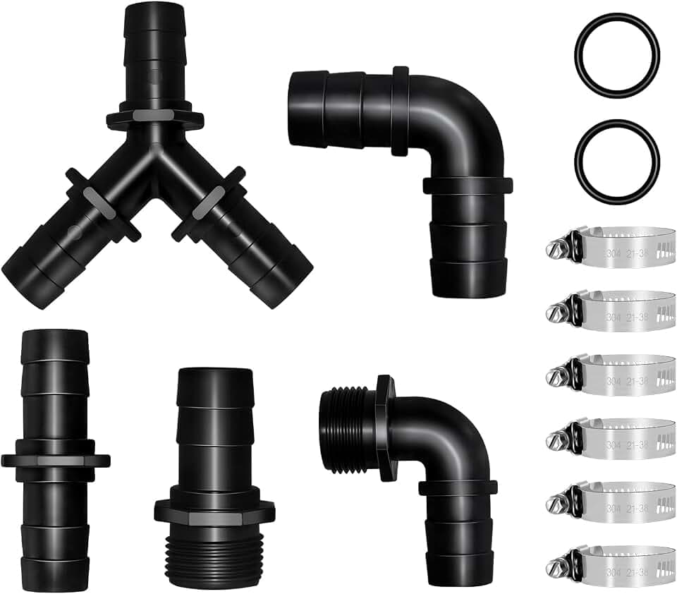LONGRUN Hose Fittings Pond Hose Adapter, Garden Hose Quick Connect Male 1.2" NPT x 1" Barb Fitting, Pipe Fitting Hose Connector for Pool Spillway Waterfall Fountain Tube with 6 Clamps-11 Pieces Set