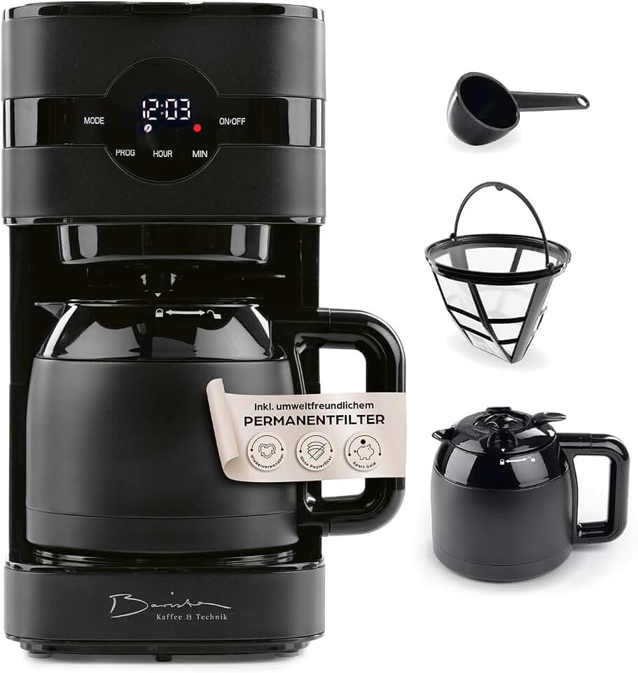Barista Filterkaffeemaschine mit Isolierkanne | Filtermaschine mit Touchdisplay & Timerfunktion | Kaffeemaschine mit Permanentfilter & 900W | 1,25 Liter Wassertank für 8 Tassen Kaffee