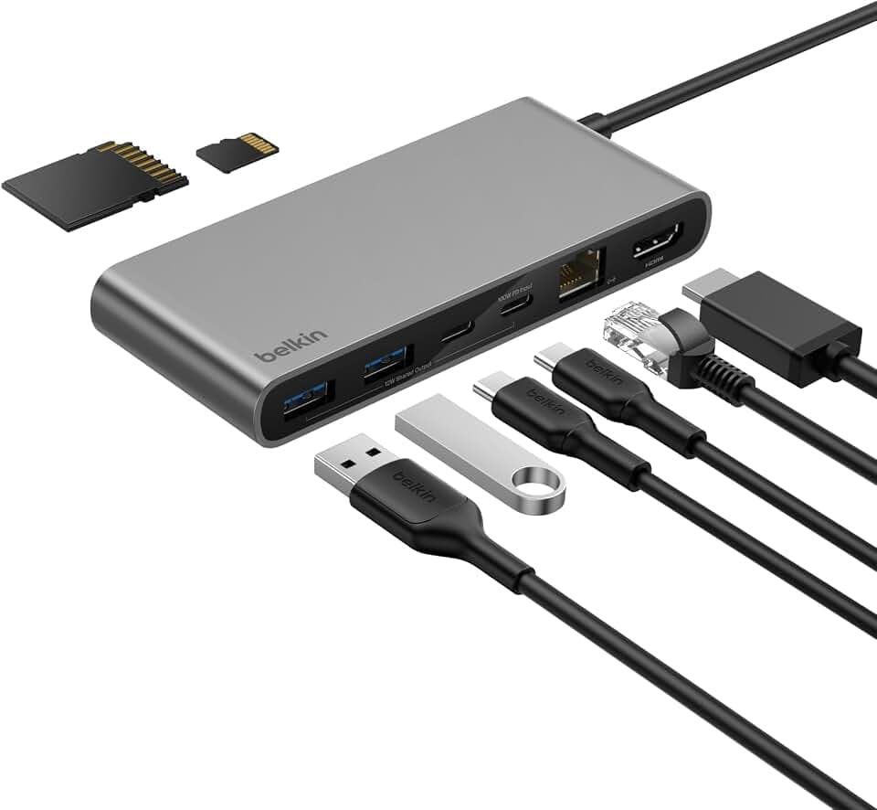 Belkin Connect 8-in-1 USB C Hub, Bildschirmauflösungen bis zu 4K bei 60 Hz – geeignet für Mac-, Windows- und Chromebook-Laptops; 100 W PD; Datentransfer mit 10 Gbit/s; 2,5-Gbit/s Ethernet – Grau