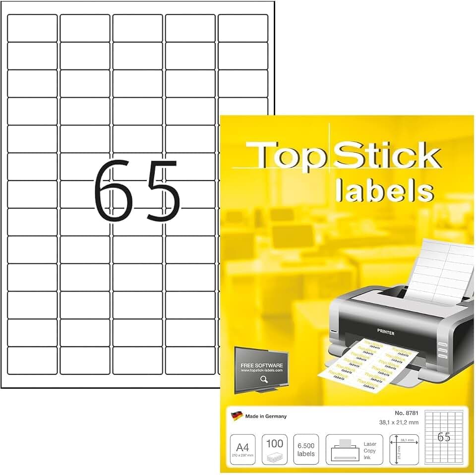 TopStick 8781 Adressetiketten, 100 Blatt, 38,1 x 21,2 mm, 65 pro A4 Bogen, 6500 Stück, selbstklebend, bedruckbar, matt, blanko Papier Adressaufkleber Etiketten, weiß