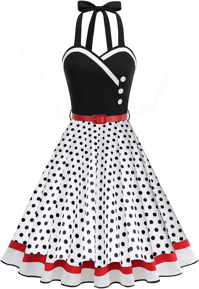 Damen Vintage Spaghettiträger Rockabilly Swing Kleid 50er Jahre Pinup Hepburn Stil Neckholder Polka Dot A-Linie Kleider Blumendruck Cocktail Party Formelles Abendkleid