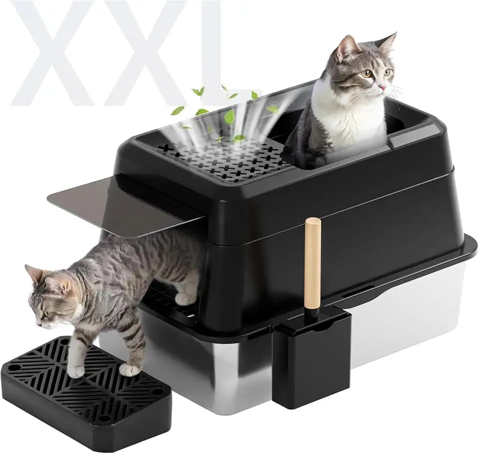 FRETONBA Katzenklo Edelstahl XXL, Katzentoilette 26L Groß Kapazität, Katzentoiletten Hochwandig, Auslaufsicher und Leicht zu Reinigen, Cat Litter Box mit Deckel, Pedal, Schaufel, Schwarz