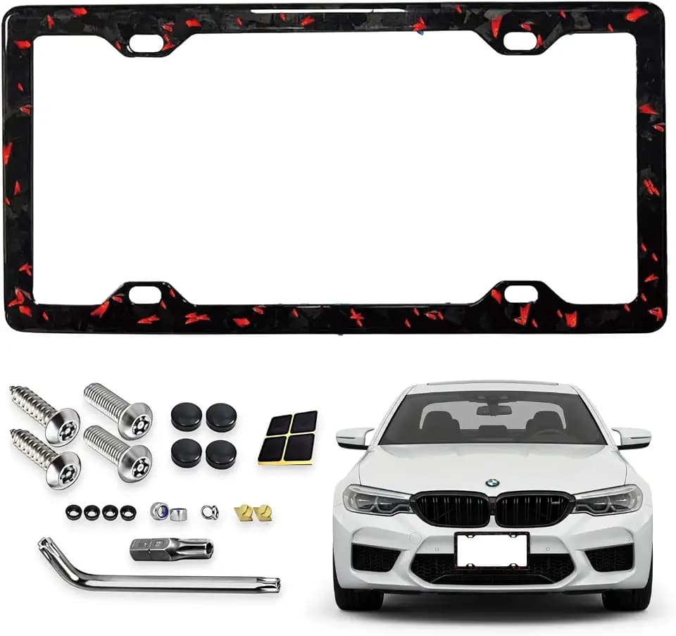100% Genuine Forged Carbon Fiber Car License Plate Frame with Slim 4 Holes Design & Black Screw Caps with Unti-Theft Security Accesories, Universal Fit, Standard Tag Holder (Forged-RED)