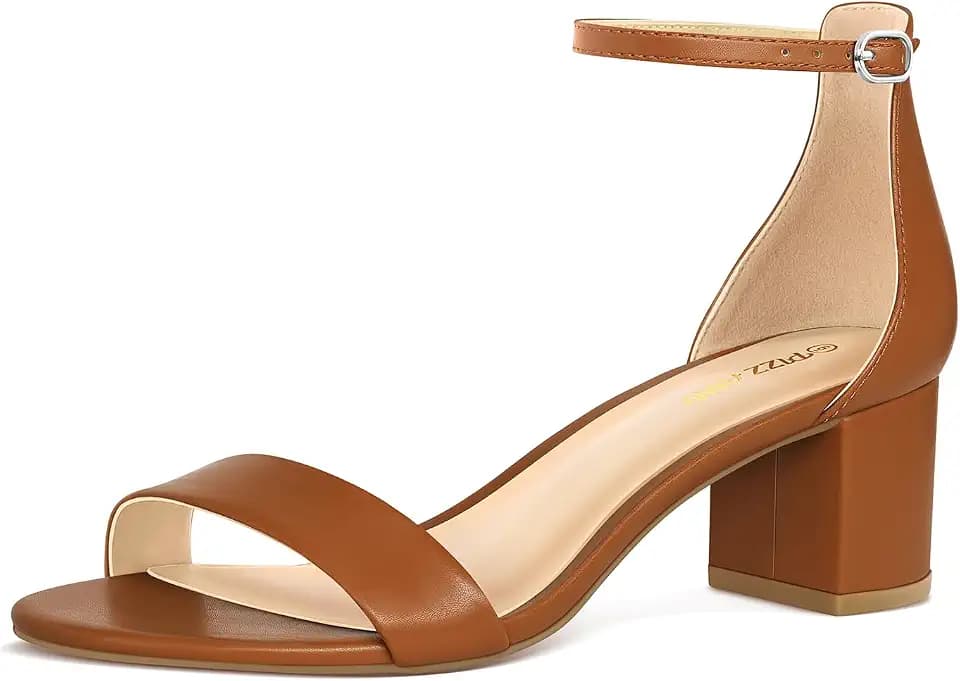 PIZZ ANNU Women's Low Block Chunky Heels Sandals, Toffee 8