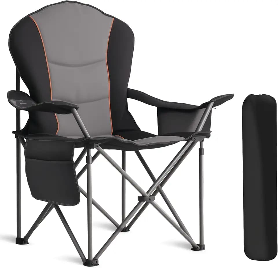 Oversized Camping Chair Heavy Duty- Portable Folding Chair, Cup Holder & Waterproof Phone Case for Adults, Beach, Hiking, Backyard (Black & Gray, 1 PCS)