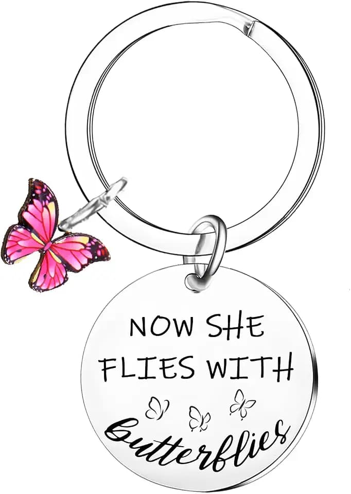 Gedenk-Schlüsselanhänger für Frauen, Trauergeschenke, Gedenkgeschenke für den Verlust von Mutter, Oma, Tochter, Schwester, Freundin, jetzt fliegt sie mit Schmetterlingen, Silberfarben, One size