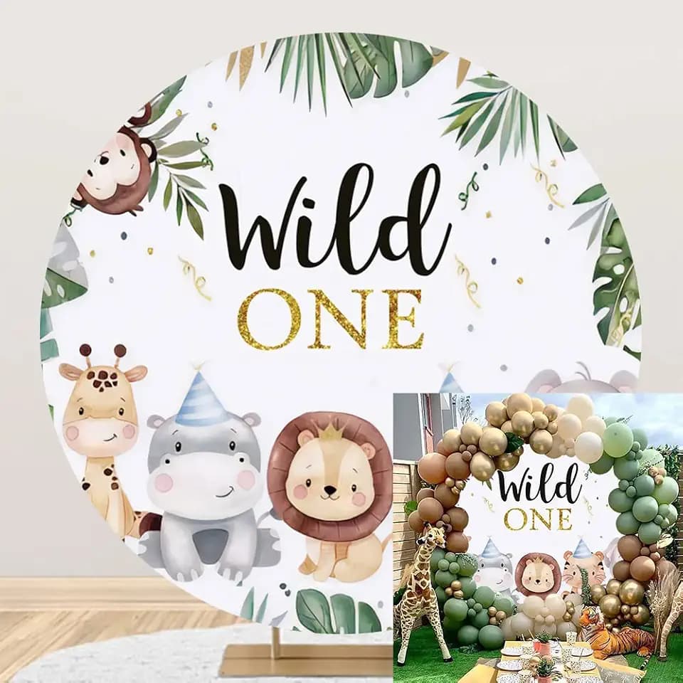 Leyiyi 7.2x7.2ft Wild One Round Backdrop Cover Jungle Safari Animals Circle Backdrop Stand Cover Tropical Leaves Forest Zoo Photography Background for Boys Birthday Party Baby Shower Cake Table Banner