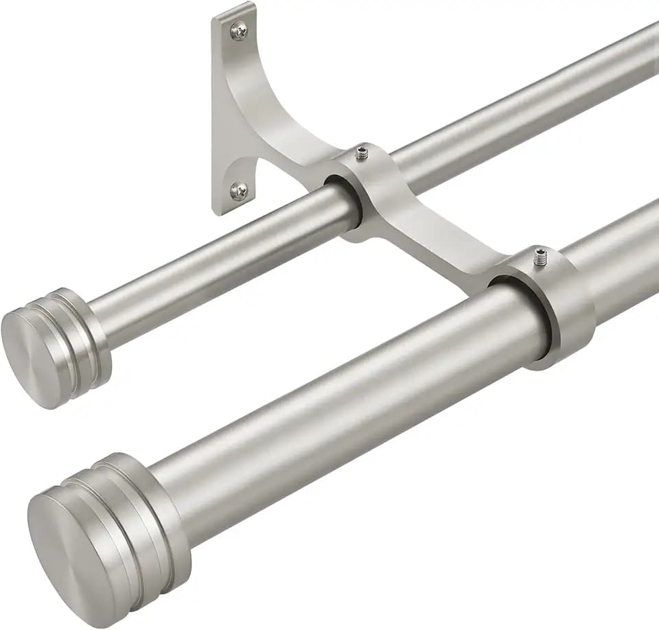 Double Curtain Rods with Aluminum End Cap and Full Enclosure Brackets, 1- Inch Front and 5/8 Inch Back Window Rod, Dual Drapery Rods Adjustable from 36 to 72 Inches (3-6 Feet), Brushed Nickel