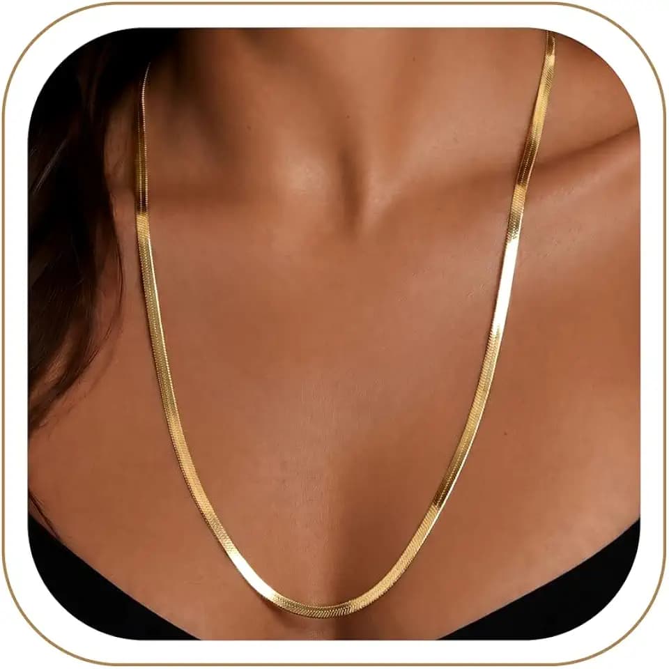 WomenGifts 14K Gold Silver Plated Herringbone Necklace for Women, Dainty Snake Chain Choker, Trendy Simple Long Layered Jewelry Non Tarnish, 3/4/5/8mm,14,16,18,20,22,24,26 Inch Thin & Chunky Options