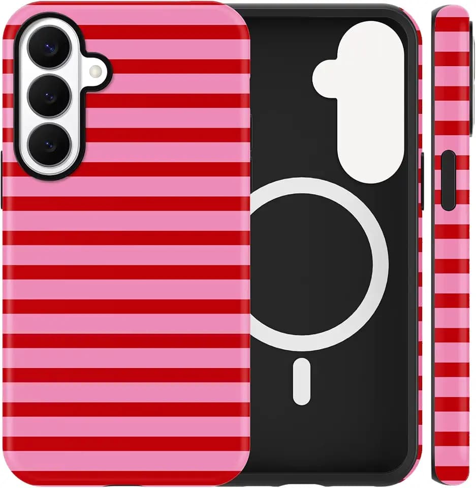 für Samsung Galaxy S26 Magnetisch Hülle, Aesthetic Gestreifte Sommer Streifen Stripes Muster Motiv Handyhülle [Kompatibel mit MagSafe], Schutzhülle für Samsung S26 6,3'' - Rot Rosa
