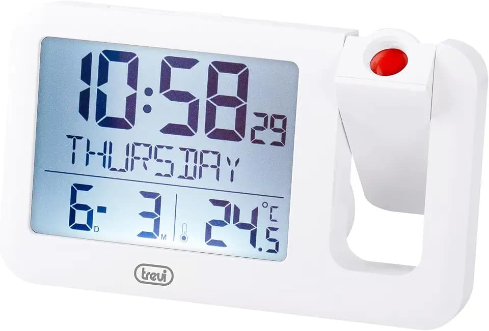 Trevi PJ 3030 Digitale Projektionsuhr mit Einstellbarer Zeit, programmierbarer Wecker, Display mit Hintergrundbeleuchtung, Thermometer und Kalender, AAA-Stromversorgung, ideal für Schlafzimmer und