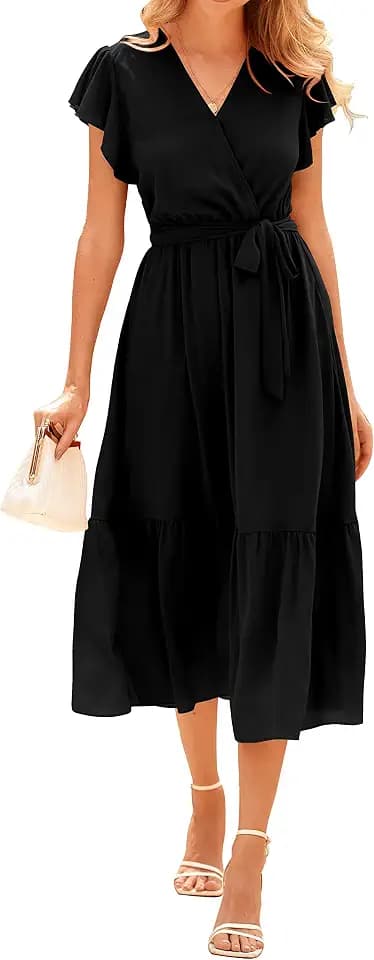 BTFBM Women Summer Casual Wrap V Neck Ruffle Cap Sleeve Belted Midi Dress