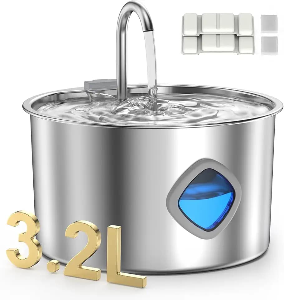 Edelstahl Katzenbrunnen 3,2L, Trinkbrunnen mit Sichtfenster & 2 Filtern