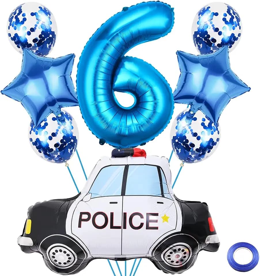 6. Polizei Geburtstagsparty Deko Polizei Luftballon Set Blau Zahl 6 Folienballon Großes Polizeiauto Luftballon für Junge Geburtstag Party Motto Party Deko