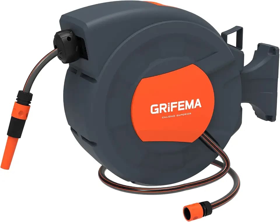 GRIFEMA G301-15, Schlauchtrommel zur Wandmontage, Schlauchbox mit 15m Schlauch, Wandschlauch-Aufroller mit 180° Drehung, Automatische Aufrollung mit verstellbarer Düse