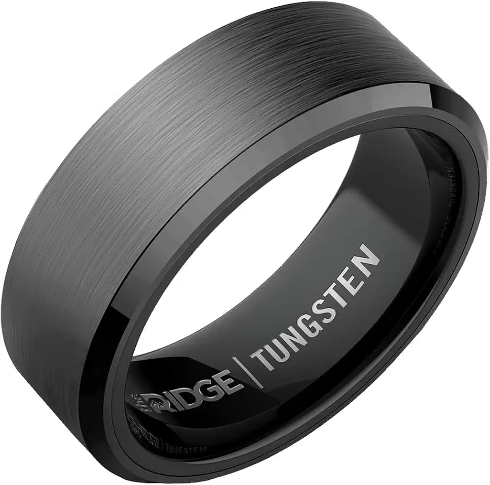 The Ridge Tungsten Rings For Men - Mens Wedding Band - Strong, Durable, and Scratch-Resistant Beveled Ring With Silicone Band