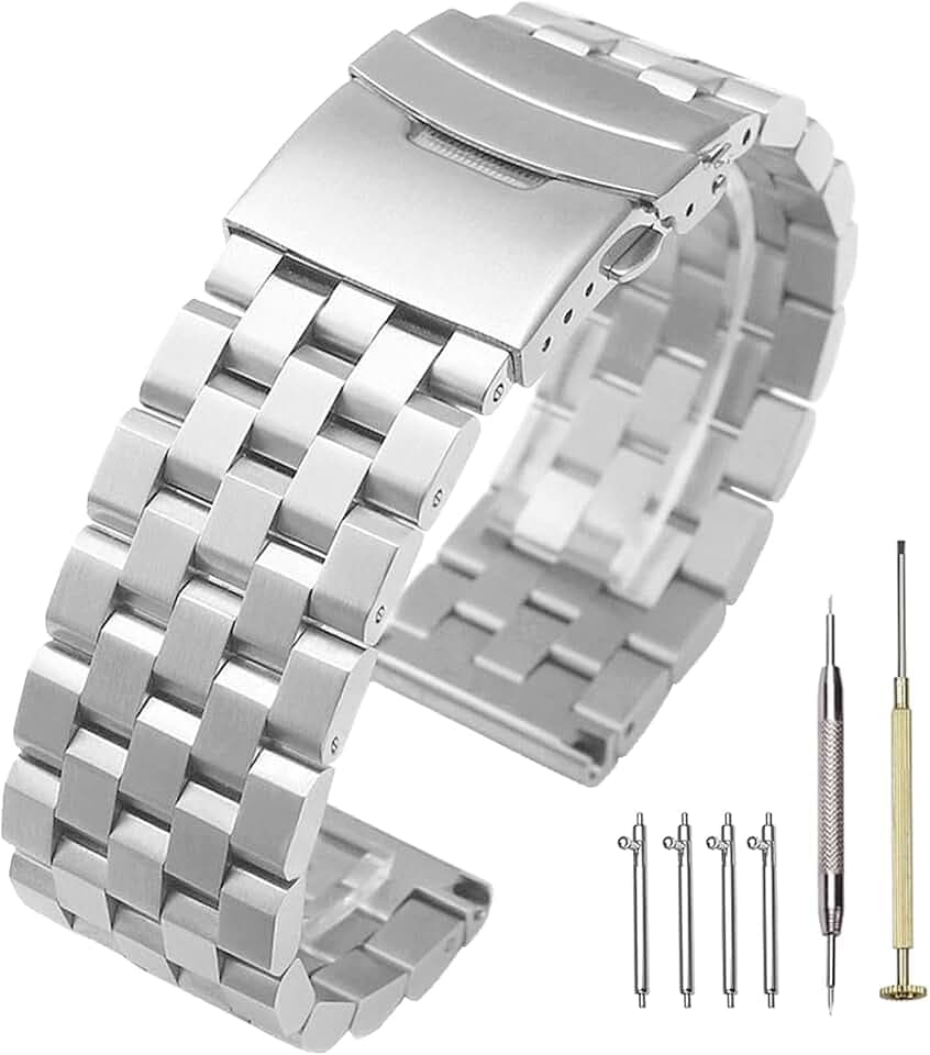 Kai Tian Schwarz Silber Super Techniker Armbanduhr Feste Glieder anschrauben Uhrenarmband aus gebürstetem Edelstahl 316L 20mm 22mm 24mm mit doppeltem Flip-Lock-Verschluss für Damen und Herren