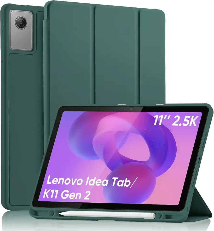 Case for Lenovo Idea Tab 11" 2025 / Tab K11 Gen 2 (TB-336ZU/TB-336FU) with Pencil Holder, Shockproof TPU Back Slim Trifold Stand Cover, Auto Sleep/Wake, Pine Green
