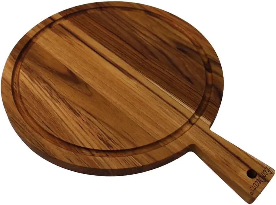 EcoDecors Round Teak Cutting Board 16" with Handle & Juice Groove
