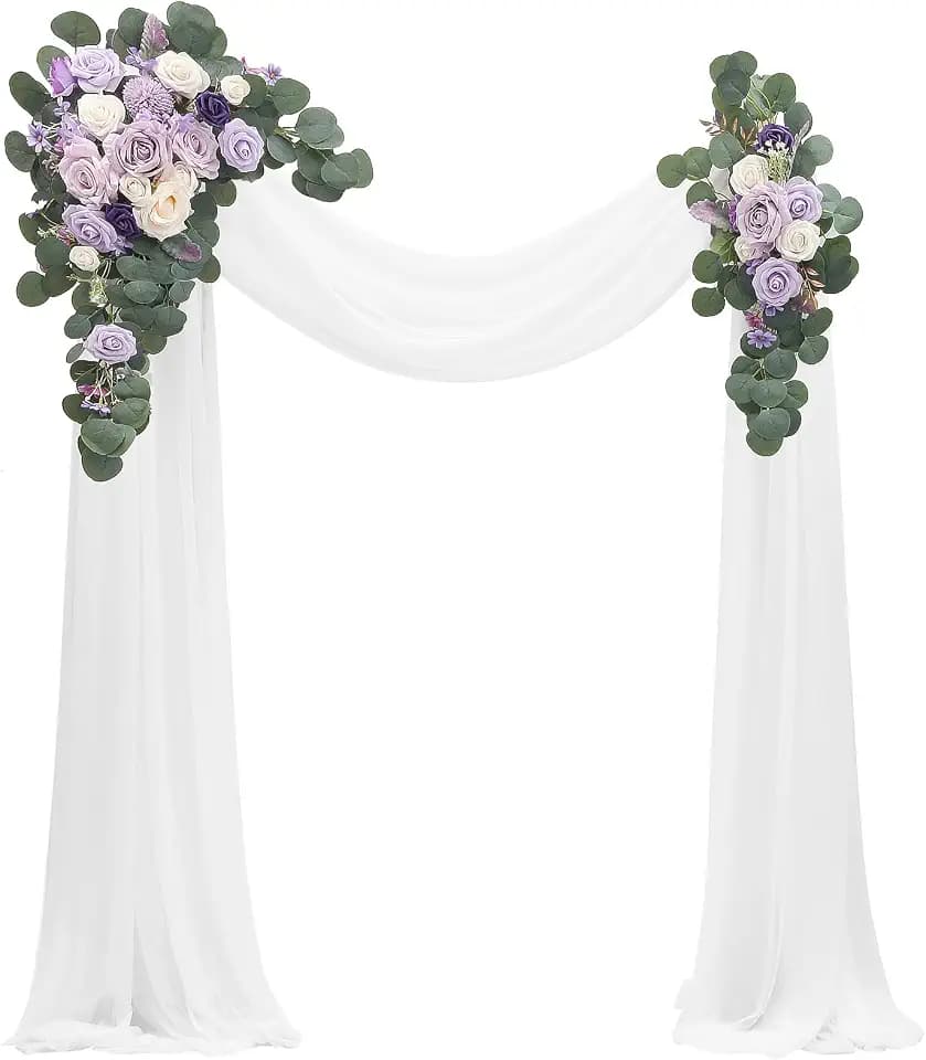 Floroom Arch Flowers with Drapes Kit (Pack of 4) - 2pcs Artificial Lilac Lavender Purple Floral Swag Arrangement with 2pcs Draping Fabric for Wedding Ceremony Arbor and Reception Backdrop Decoration
