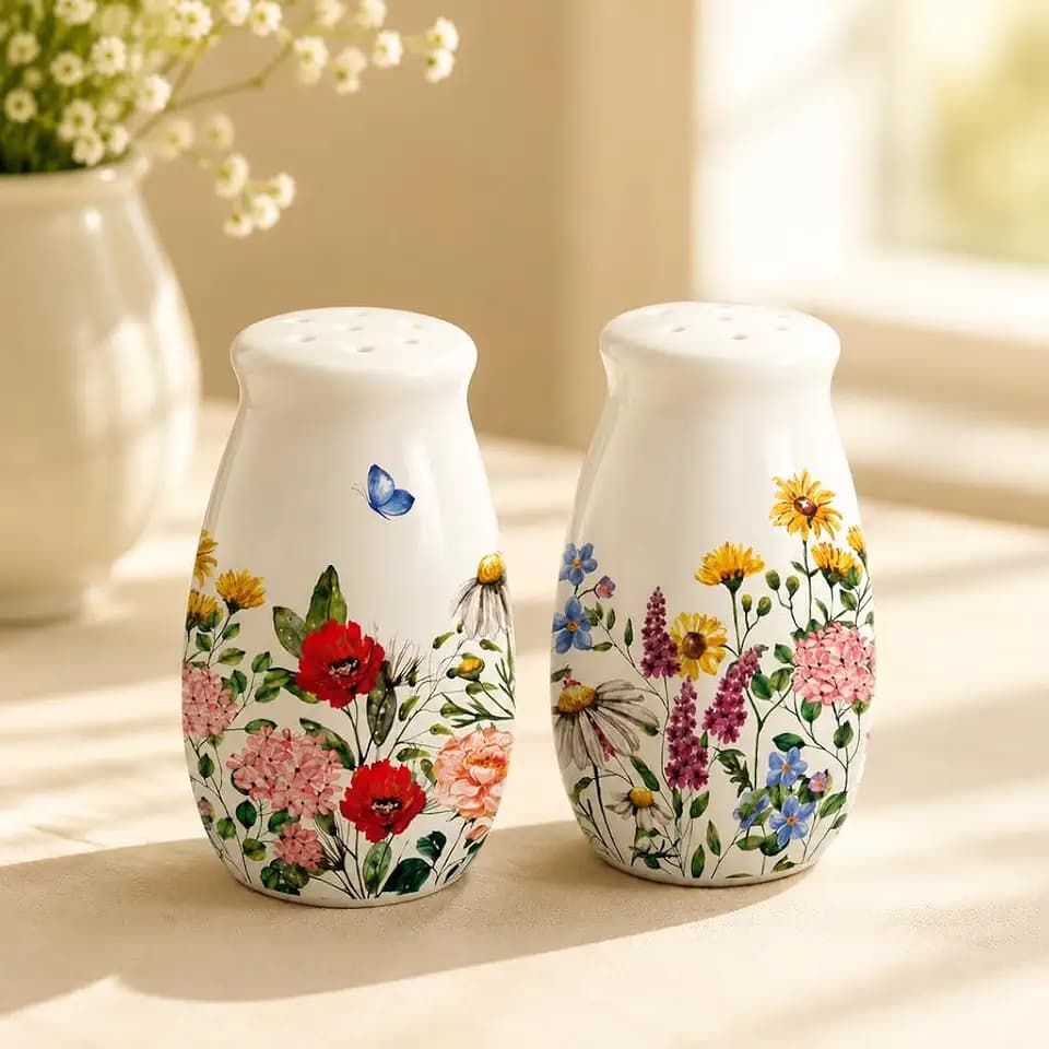 FYSUIMU 2Pcs Spring Summer Wildflower Salt and Pepper Shaker Vintage Floral Butterfly Ceramic Spice Dispenser Seasoning Containers for Home Kitchen Table Countertop Decor