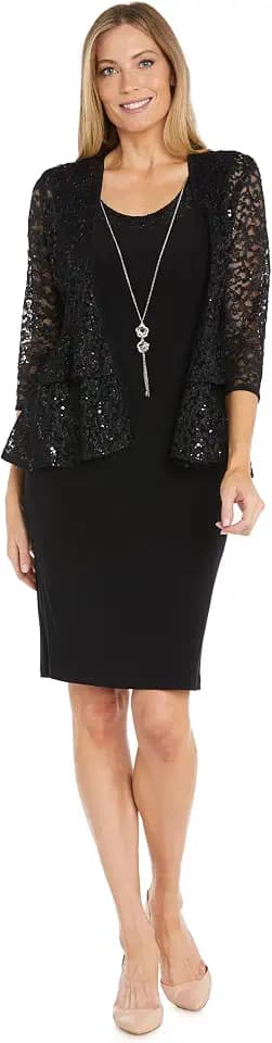 R&M Richards Women's Elegant Sheath Ensemble W/Tiered Glitter Lace Jacket - Formal Evening Wear, Wedding Guest