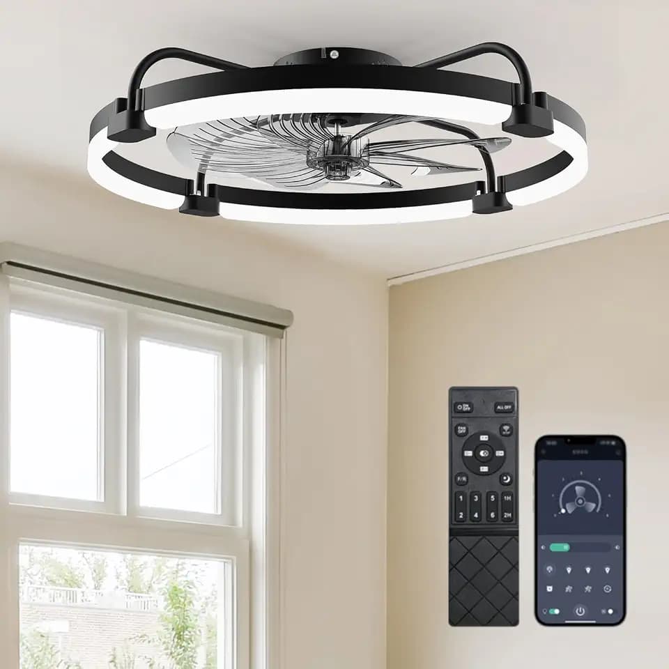 Ensenior 24 Inch Flush Mount Ceiling Fans with Lights, APP Control, Black
