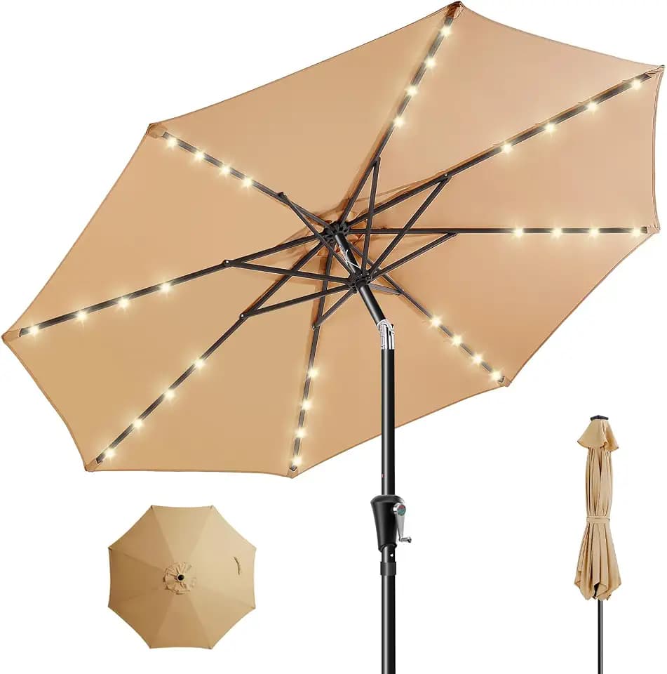 HOMSHADE 9FT Solar Patio Umbrella, 45° Easy Tilt Outdoor Table Umbrella