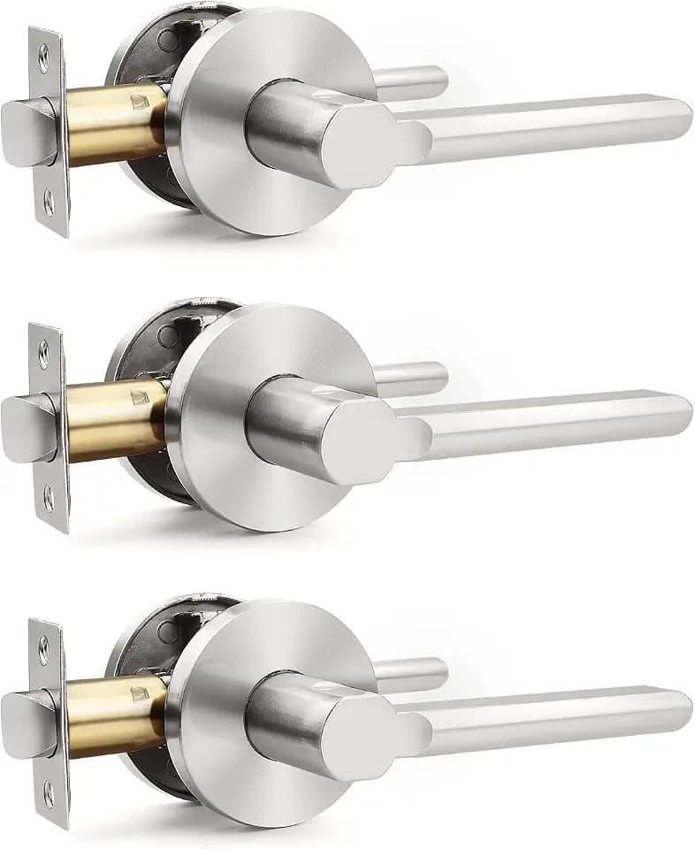 Probrico Passage Levers Door Handles [Non-Locking Lever Set] for Hallway Doors or Closets with Satin Nickel Finish, Reversible for Right & Left Side(3 Pack)
